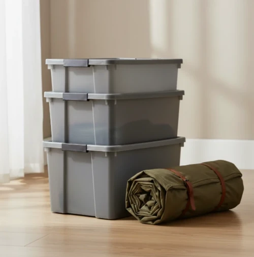 Storage bins stacked on top of each other.